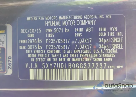 2016 Hyundai Santa Fe Sport 2.4L z USA, uszkodzony, nr VIN 5XYZUDLB0GG377237